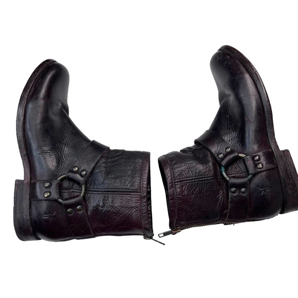 Frye Phillip Harness Distressed Dark Brown Leather Moto Ankle Boots Size 6.5 - Picture 7 of 11